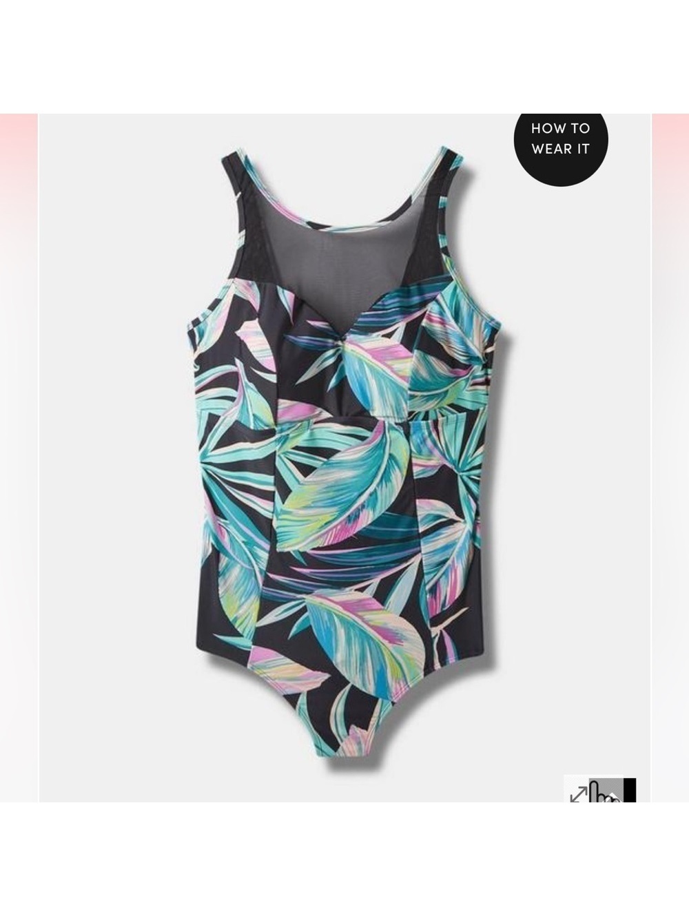 Torrid Wireless Mesh High Neck One Piece Swimsuit Pretty Summer Leaves Black NEW - Picture 5 of 7